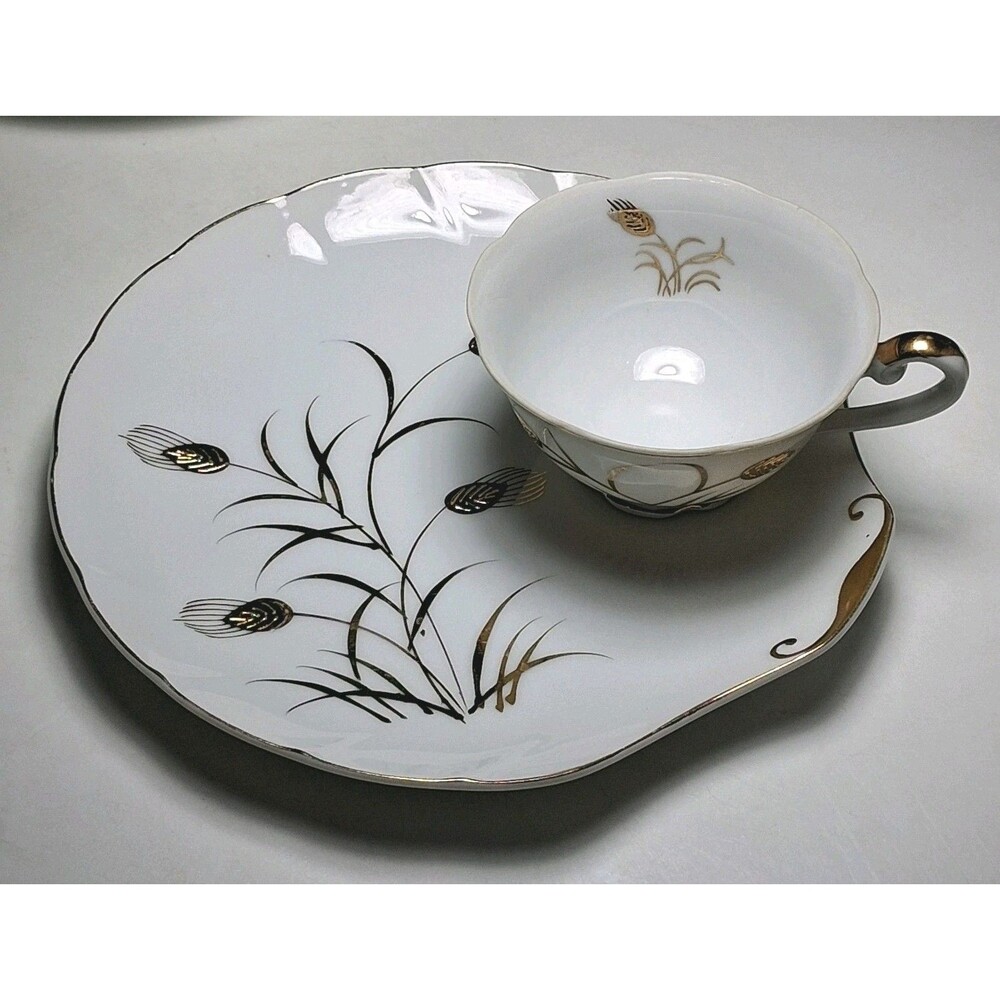 Lefton China Snack Plate & Cup Set Golden Wheat Pattern 4 Sets